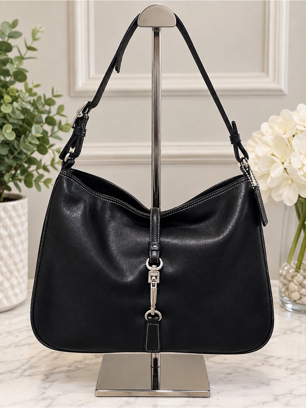Vintage Coach Hamptons Black Leather Clip Hobo Bag Y2K Minimalist Satchel 7775